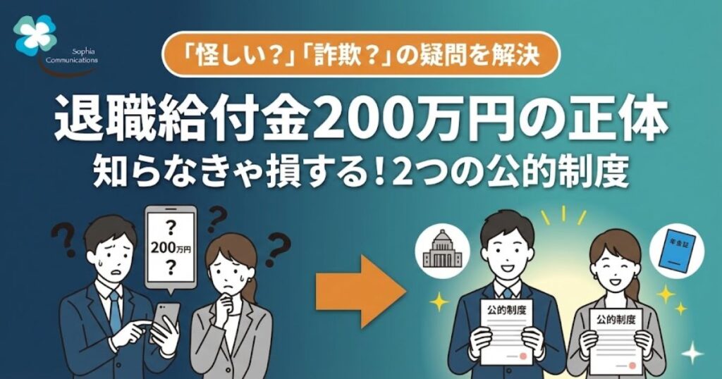 退職給付金200万円の正体を解説する記事のアイキャッチ画像。知らなきゃ損する2つの公的制度について解説。