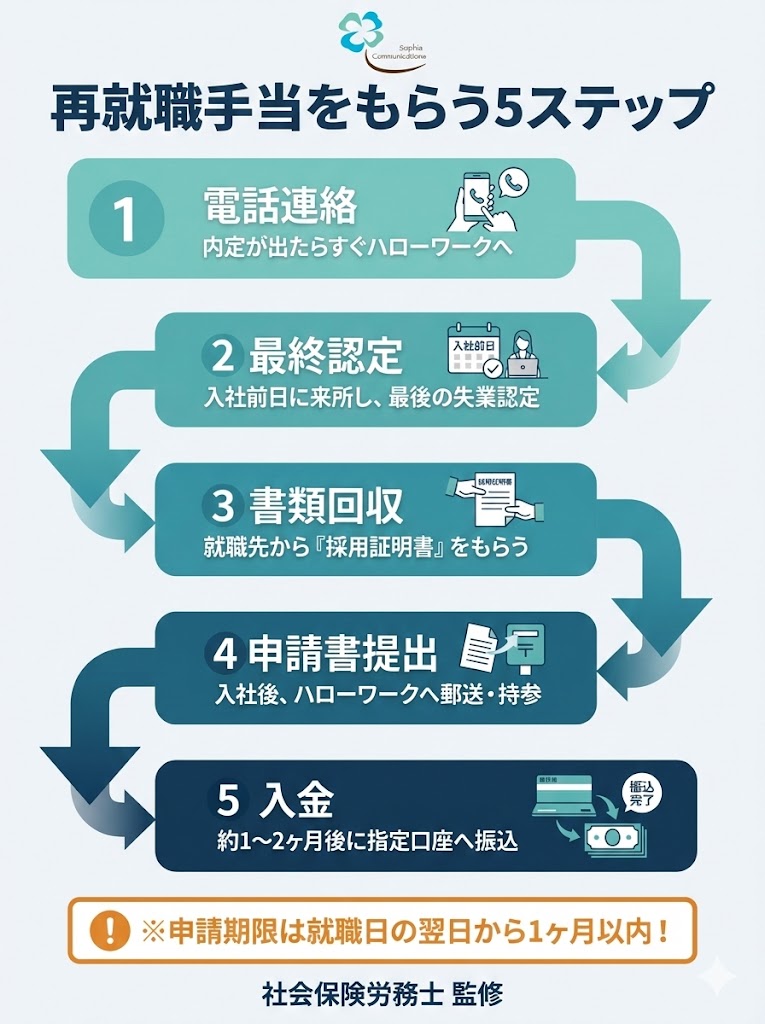 再就職手当を受け取るまでの手続き5ステップ。電話連絡から最終認定、書類提出、入金までの流れ。