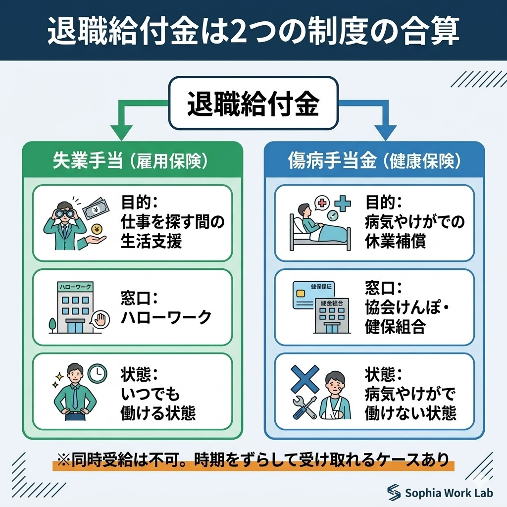 退職給付金を構成する失業手当と傷病手当金の違いを図解。目的、窓口、働ける状態かどうかの違いを比較