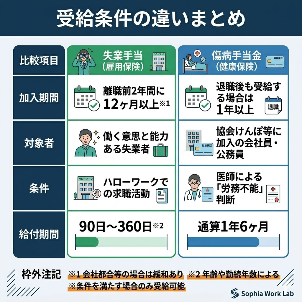 失業手当と傷病手当金の受給条件比較表。加入期間、対象者、条件、給付期間の違いを整理