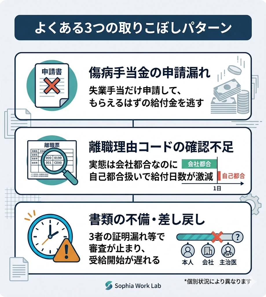 退職給付金のよくある取りこぼしパターン3選。傷病手当金の申請漏れ、離職理由コードの確認不足、書類不備について図解